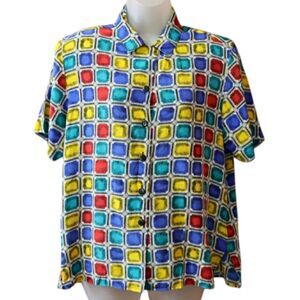 Silk land Vintage Colorful Bright Loud Crazy Bold Print Blouse Small